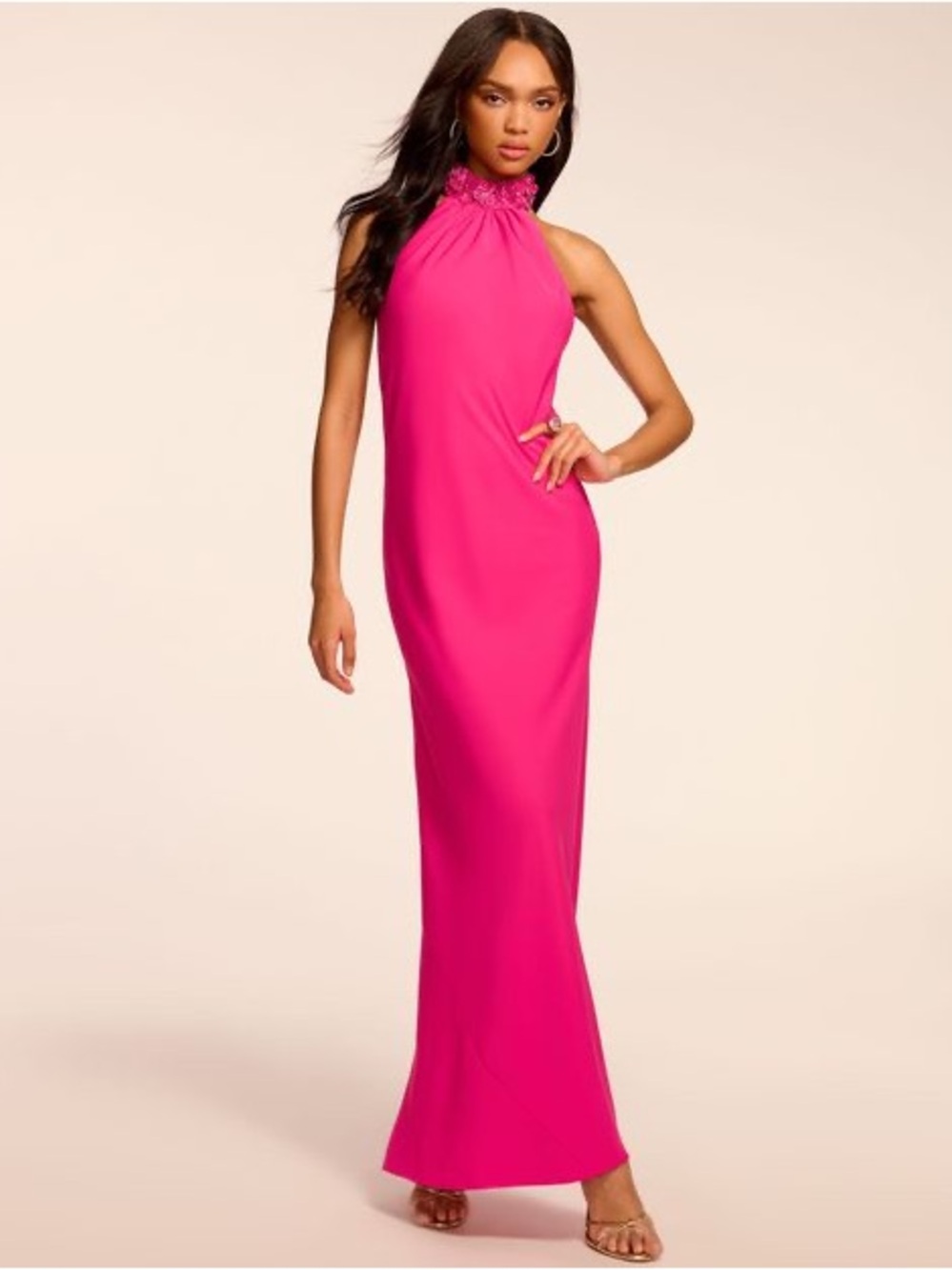 Ramy Brook Sullivan Floral Embellished Crepe Gown in Hot Pink